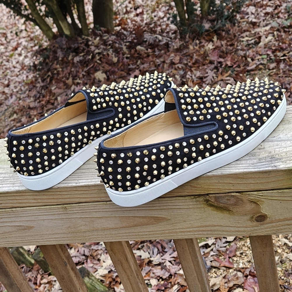Men's Christian Louboutin Black Suede Spike-Studded Luxury Loafers Size 10 US - Picture 10 of 16